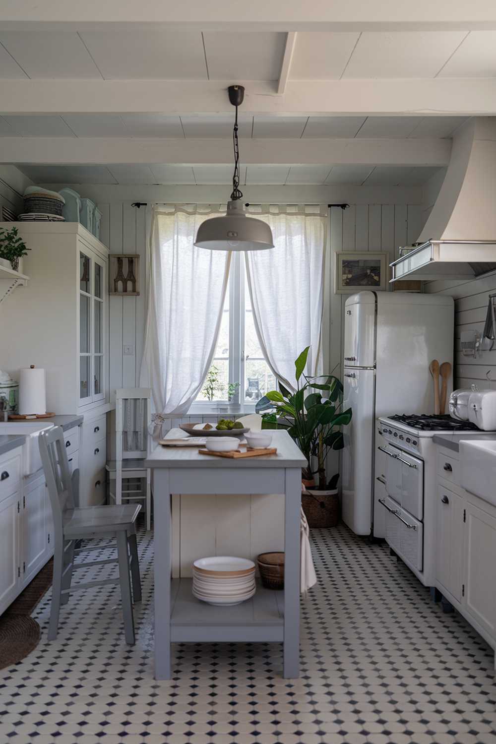 A cozy white kitchen with gray touches, featuring a center island with a gray countertop and a gray pendant light. There's a white cabinet, a white refrigerator, and a white range hood over the stove. The floor is covered with gray and white checkered tiles. A gray chair is placed near the island. There's a potted plant near the refrigerator. The room has a window with white curtains. The room has a wooden spoon and a white plate on the counter.