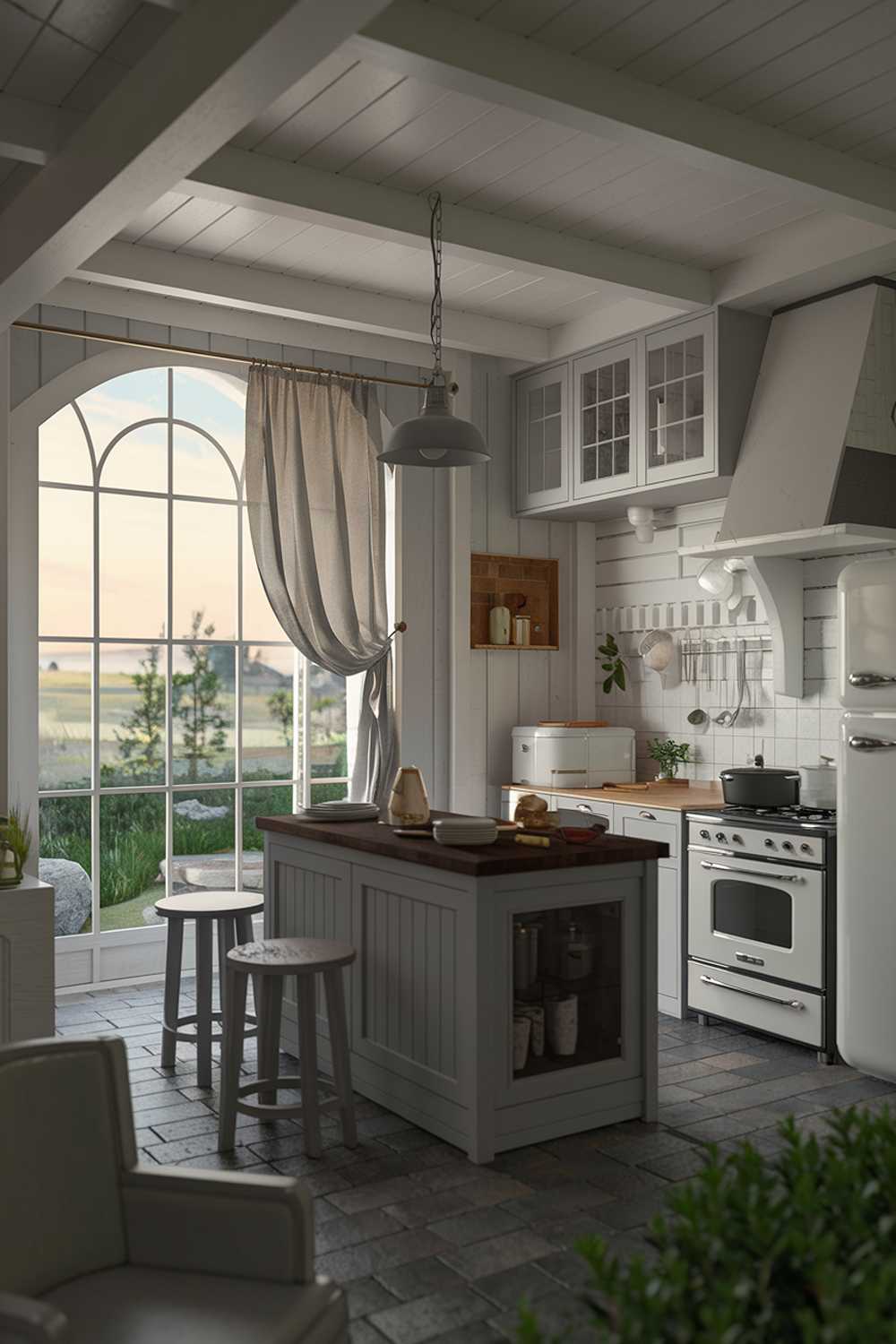 A cozy white kitchen with gray touches. There is a large window with a curtain, showcasing a serene outdoor landscape with lush greenery. The kitchen has a gray island with a dark wooden top and a few stools. There is a gray chair at the side of the room. The walls have gray accents, and there is a gray pendant light above the island. The floor is made of gray tiles. There is a white cabinet above the sink and a white refrigerator. There is a white stove with pots and pans. There is a white counter with a few utensils and a green plant. The overall ambiance of the room is warm and inviting.