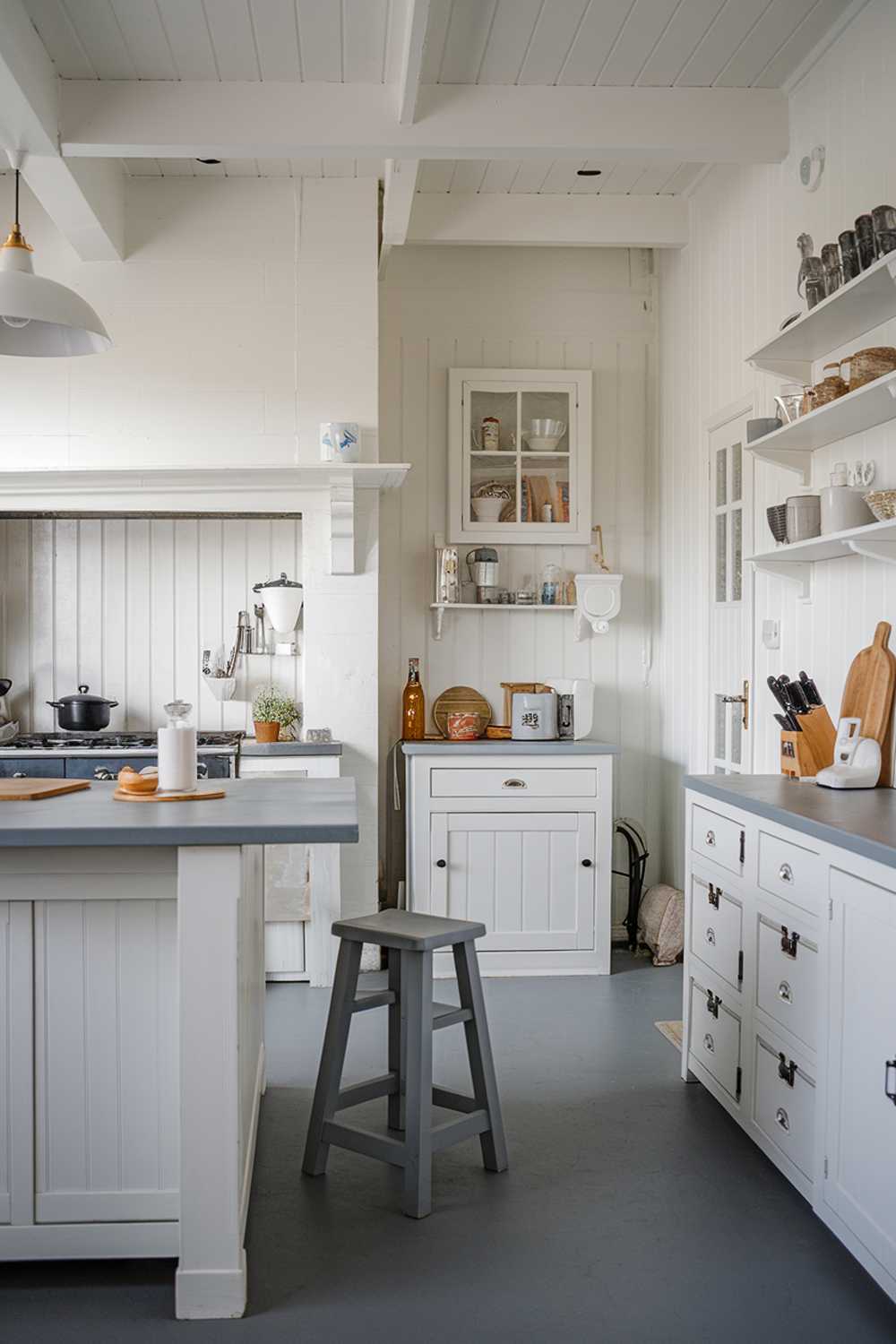 A white kitchen with gray touches. The kitchen has a white island with a gray countertop and a white cabinet above. There is a gray stool near the island. The walls are white and have gray accents. There is a white cabinet near the wall with a gray countertop. The floor is gray. There is a white pendant light hanging over the island.