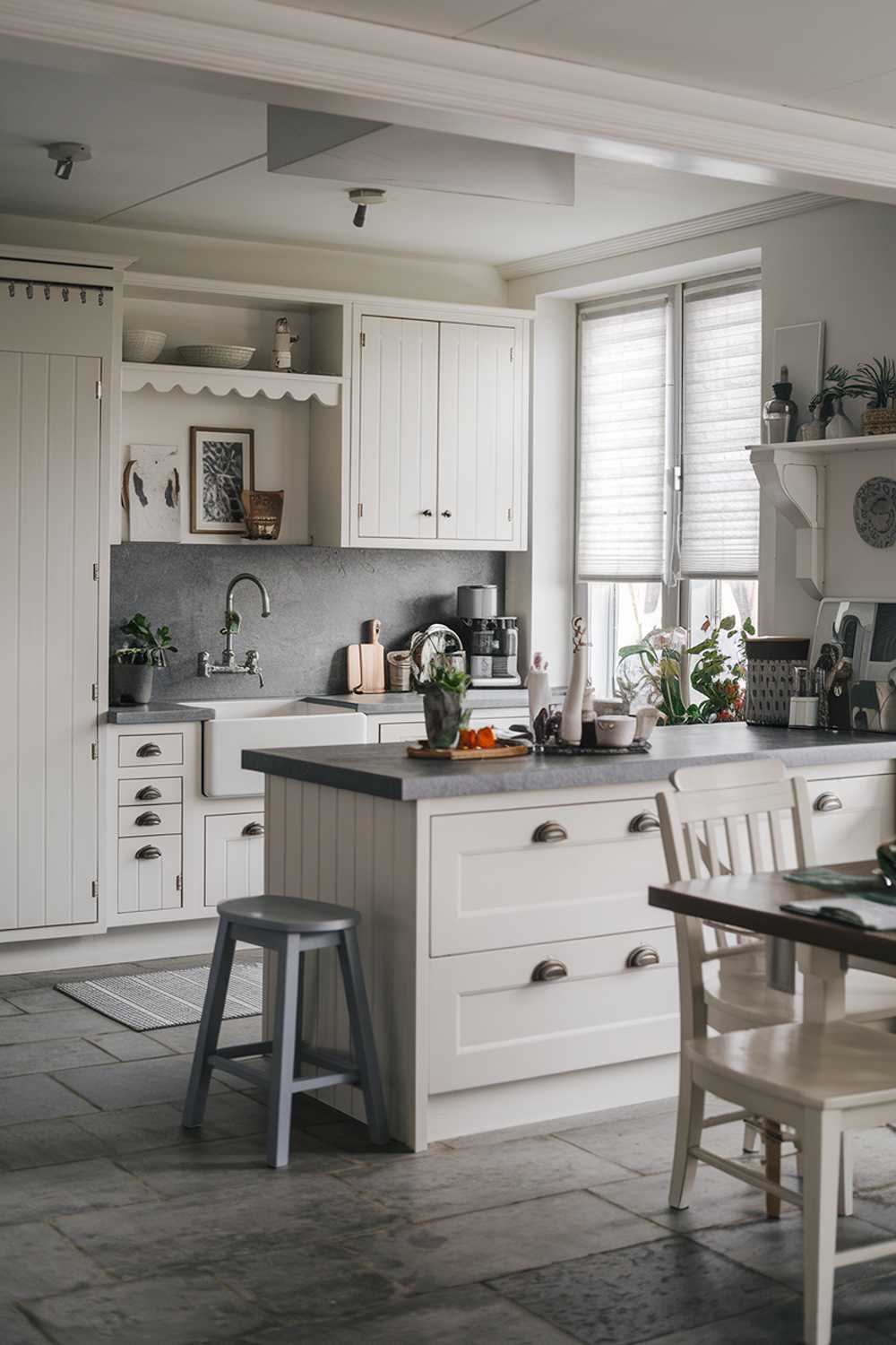 A white kitchen with gray touches. The kitchen has a white island in the center with a gray countertop. There's a white cabinet with gray hardware and a gray backsplash behind the sink. The floor is made of large gray tiles. There's a white chair and a gray stool near the island. The room has a window with white blinds.