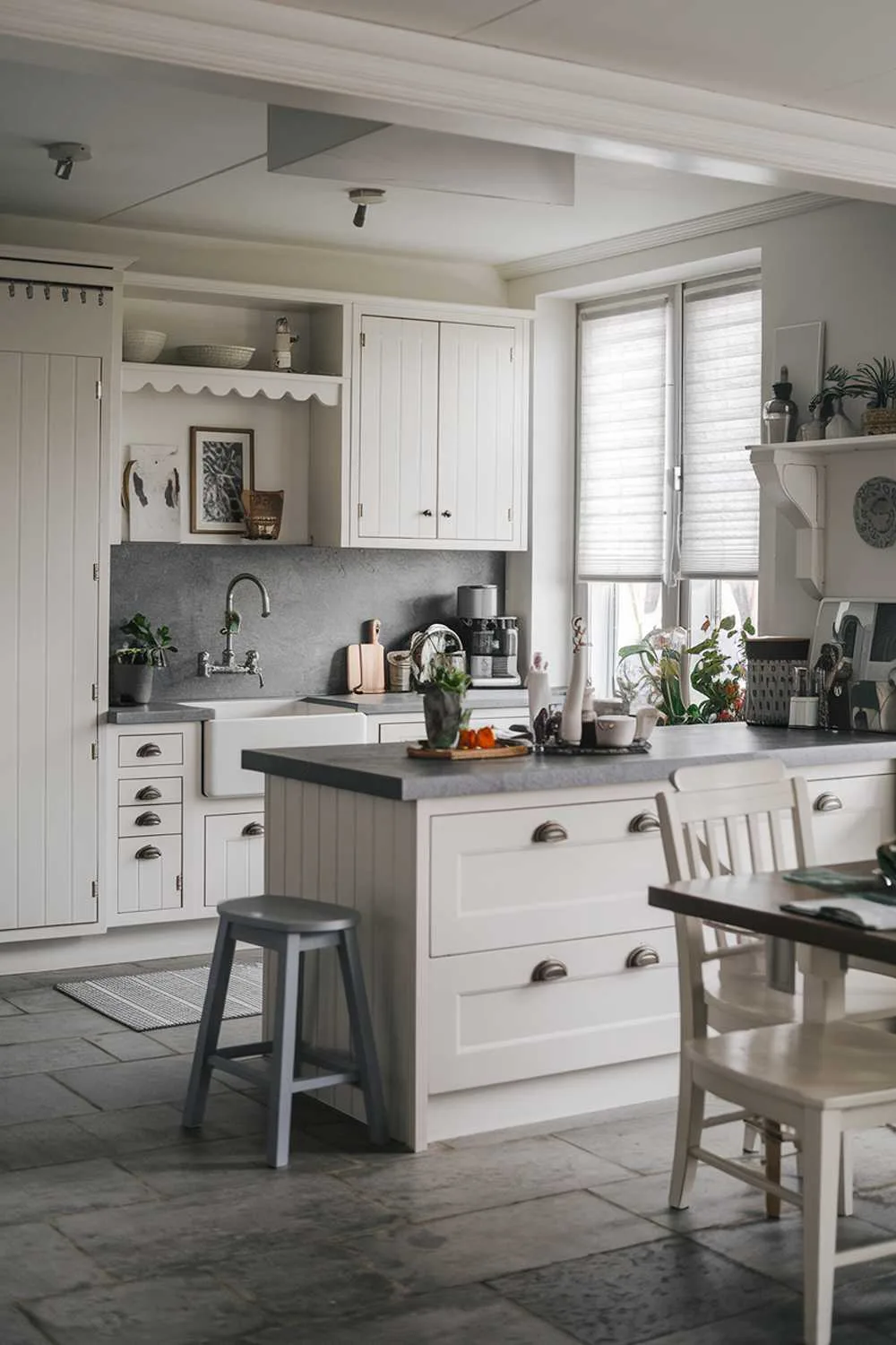 21 Inspiring Gray and White Kitchen Ideas for a Modern Look 14 A white kitchen with gray touches. The kitchen has a white island in the center with a gray countertop. There's a white cabinet with gray hardware and a gray backsplash behind the sink. The floor is made of large gray tiles. There's a white chair and a gray stool near the island. The room has a window with white blinds.