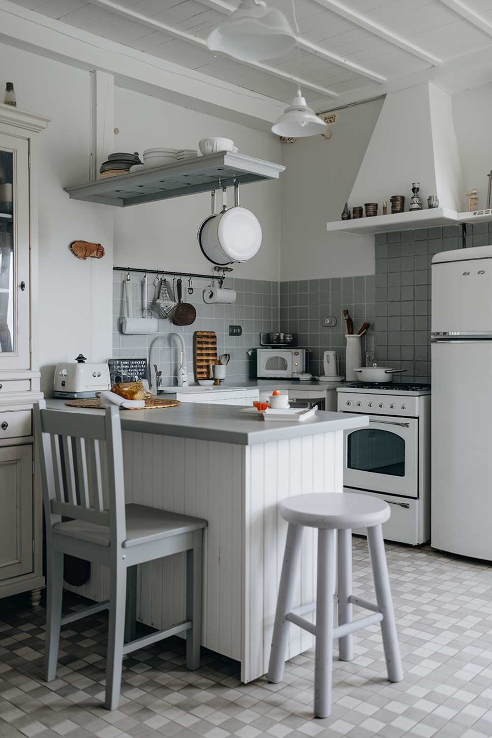 A cozy white kitchen with light gray touches. There is a white kitchen island with a gray countertop, a white cabinet, and a gray stool. A gray chair is placed next to the cabinet. There is a white pot hanging from a gray rack above the island. A white oven and a white refrigerator are against the wall. A gray backsplash covers the wall beside the oven and refrigerator. A white pendant light hangs over the island. The floor is covered with gray and white tiles.