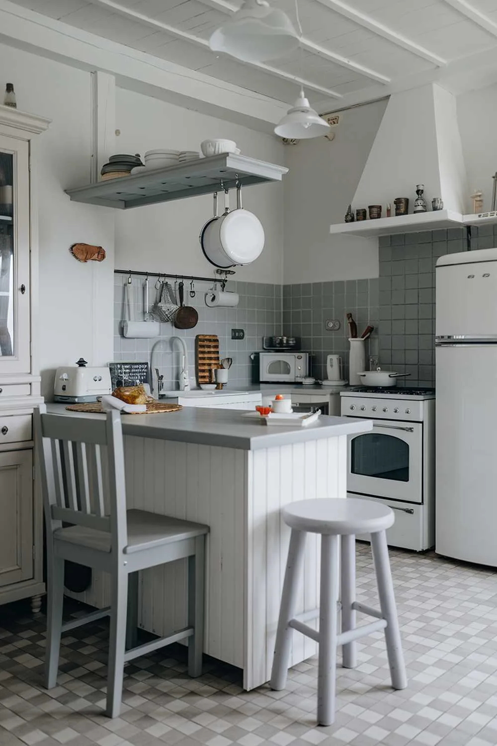 21 Inspiring Gray and White Kitchen Ideas for a Modern Look 15 A cozy white kitchen with light gray touches. There is a white kitchen island with a gray countertop, a white cabinet, and a gray stool. A gray chair is placed next to the cabinet. There is a white pot hanging from a gray rack above the island. A white oven and a white refrigerator are against the wall. A gray backsplash covers the wall beside the oven and refrigerator. A white pendant light hangs over the island. The floor is covered with gray and white tiles.