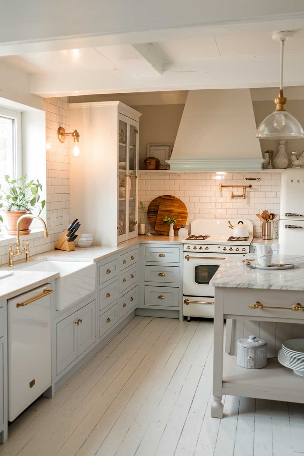 A white kitchen with light gray touches. The kitchen has a farmhouse sink, a white stove, and a white refrigerator. There is a light gray island with a marble top and a gold faucet. There are also a light gray cabinet and a light gray countertop. The floor is made of white tiles. A wooden cutting board and a knife are placed on the counter. There is a potted plant near the window. The lighting is warm.