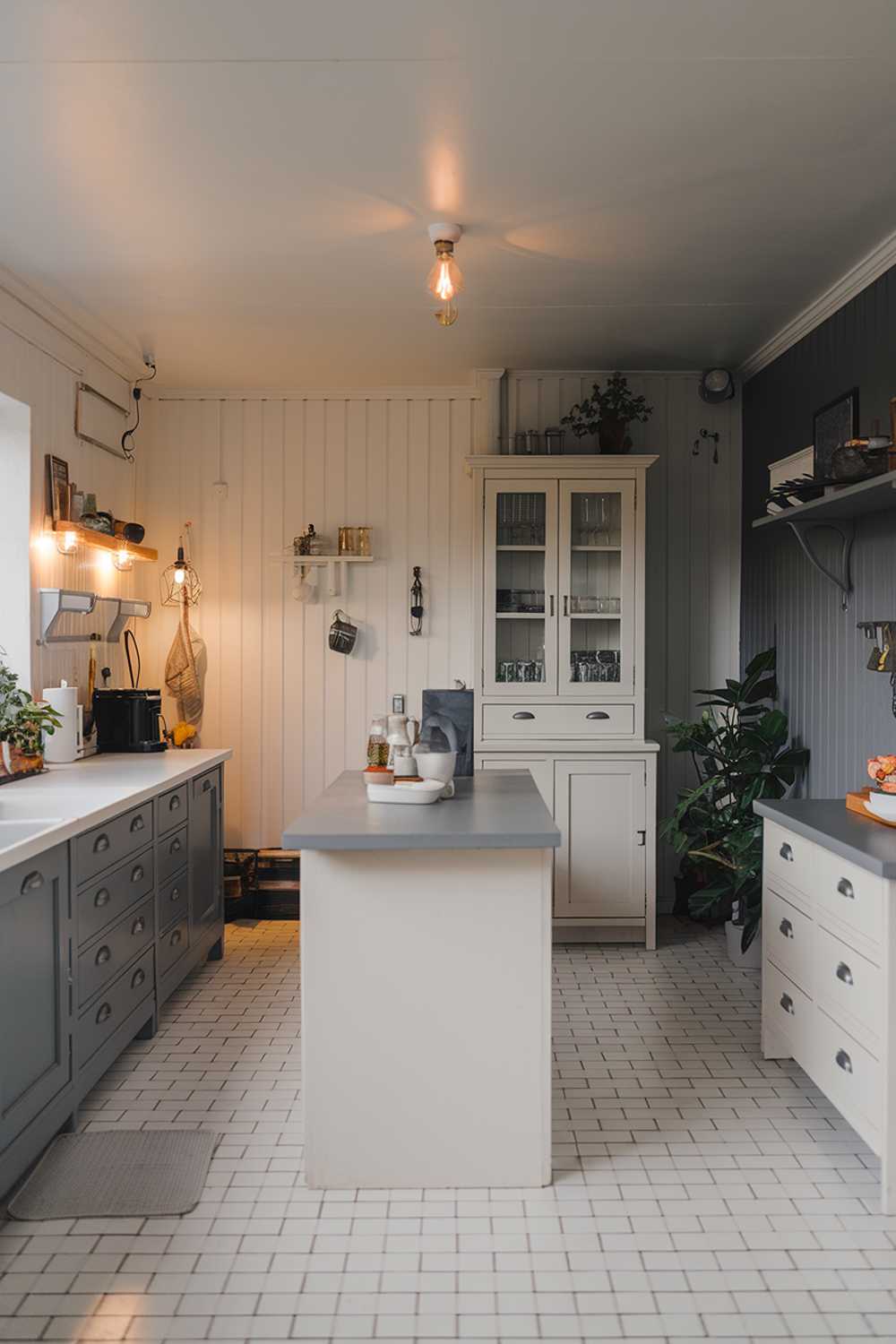 A white kitchen with gray touches. The kitchen has a large island in the middle with a gray counter. There is a white cabinet with gray drawers on the left. On the right, there is a gray wall with a white cabinet and a shelf. The floor is covered with white tiles. There is a potted plant near the cabinet. The lighting is warm.