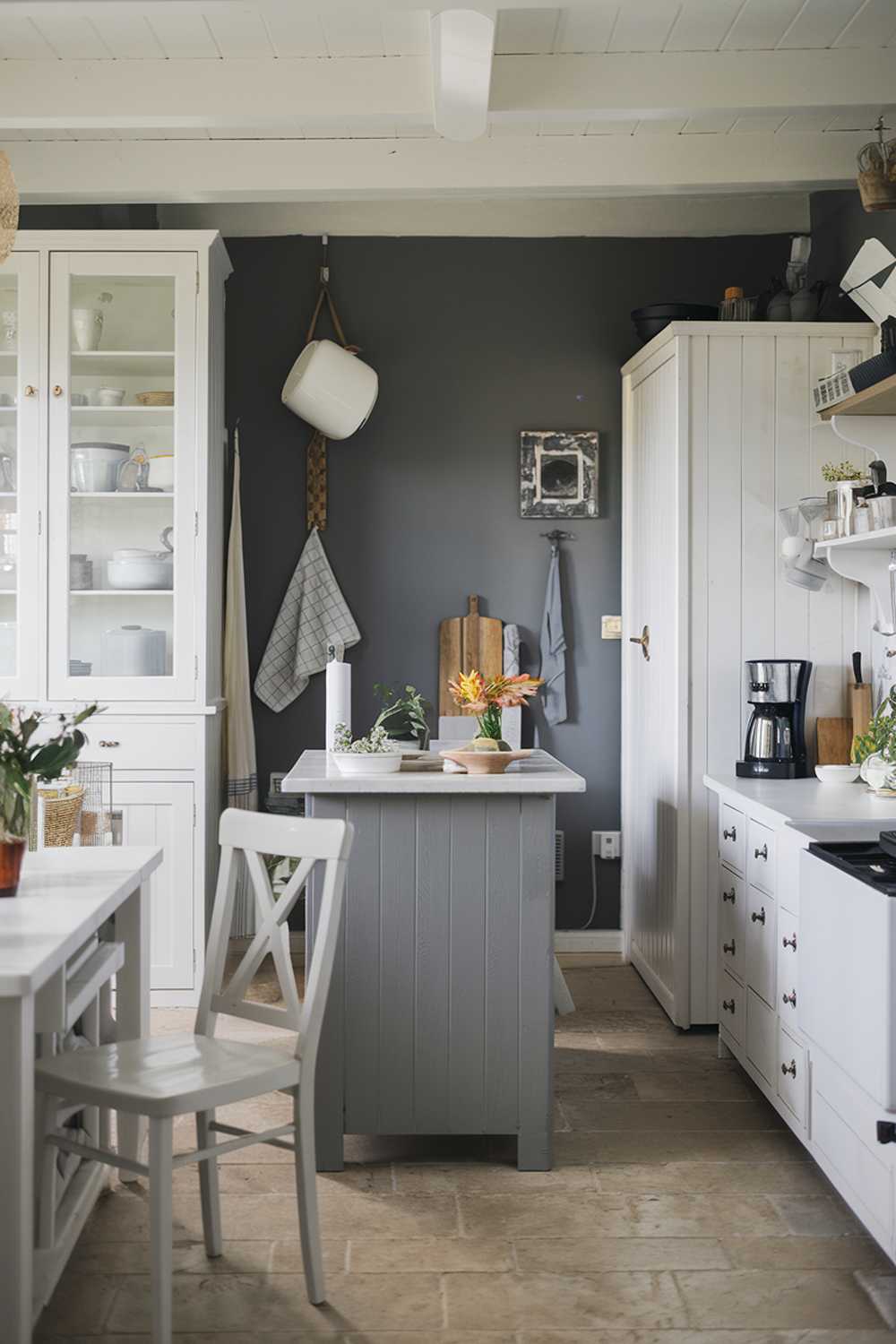 A white kitchen with gray touches. There's a gray island in the middle of the kitchen with a white countertop. There's a white chair near the island. On the other side of the kitchen, there's a white cabinet and a gray wall. There's a white pot hanging near the gray wall. The floor is covered with beige tiles.