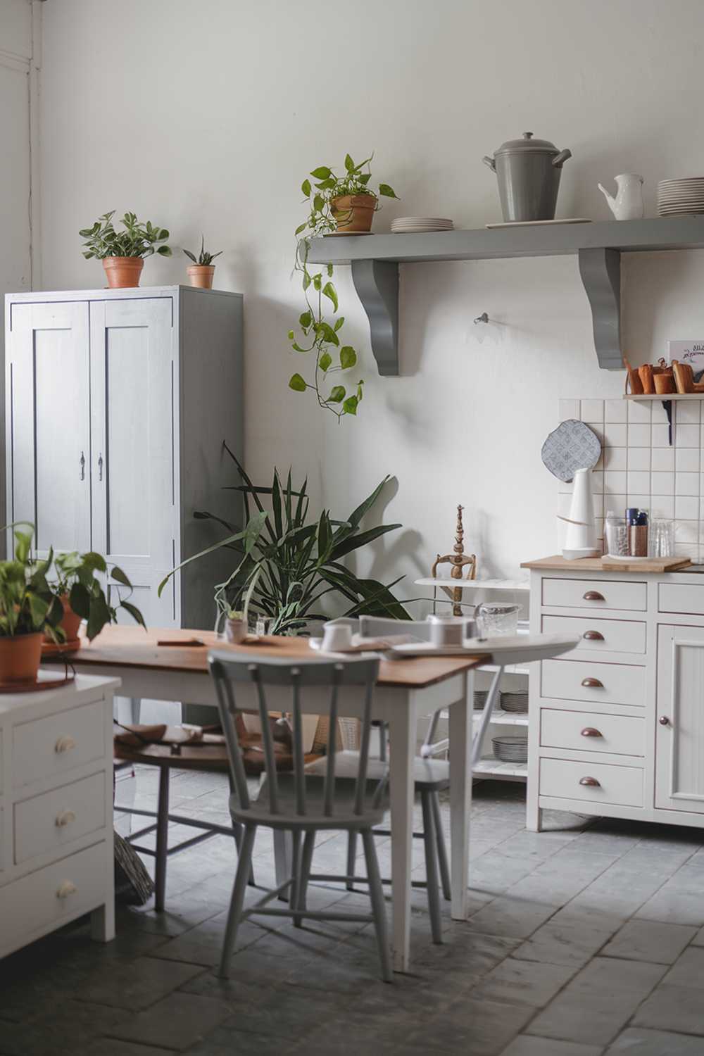 A white kitchen with gray touches. There's a wooden table in the middle of the room with a few chairs. There are also a few potted plants. On the wall, there's a gray cabinet and a white cabinet. Above the white cabinet, there's a gray shelf. On the gray shelf, there's a gray pot and a few white dishes. The floor is made of gray tiles.