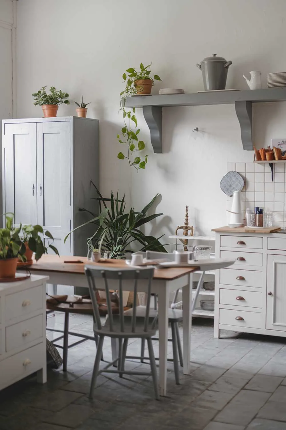 21 Inspiring Gray and White Kitchen Ideas for a Modern Look 21 A white kitchen with gray touches. There's a wooden table in the middle of the room with a few chairs. There are also a few potted plants. On the wall, there's a gray cabinet and a white cabinet. Above the white cabinet, there's a gray shelf. On the gray shelf, there's a gray pot and a few white dishes. The floor is made of gray tiles.