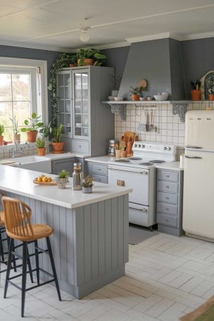 A gray and white kitchen design