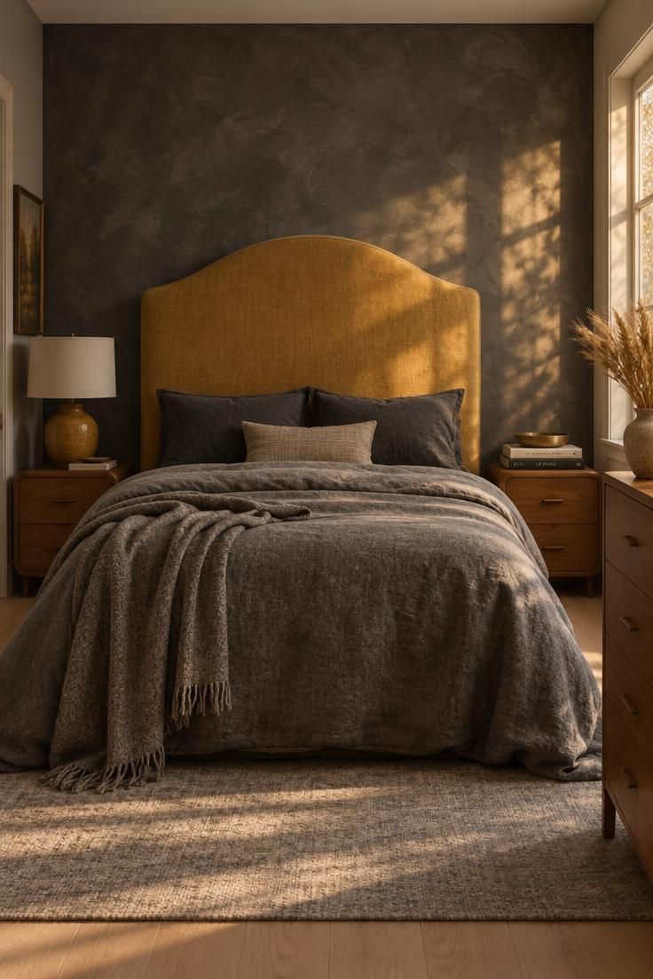 13 Bold Gray Bedroom Ideas with Pop of Color for Cheer 1 Bedroom with a charcoal limewash wall, a tall mustard linen headboard, mid-gray wool bedding, and warm wood nightstands with an ochre ceramic lamp.