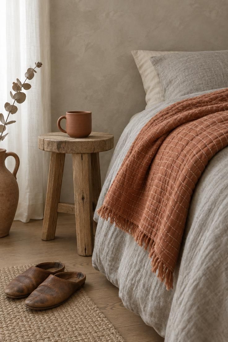 13 Bold Gray Bedroom Ideas with Pop of Color for Cheer 2 Close-up of a bed's lower edge with a folded terracotta quilt over a dove-gray linen duvet, a greige plaster wall, and a terracotta mug on a raw oak stool.