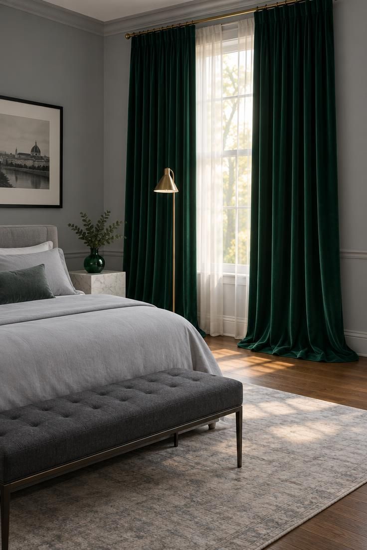 13 Bold Gray Bedroom Ideas with Pop of Color for Cheer 3 Cool gray bedroom with floor-length emerald velvet curtain panels, pale gray bedding, a charcoal bench, and a brass floor lamp.
