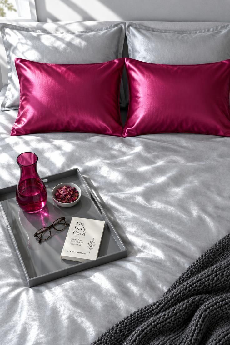 13 Bold Gray Bedroom Ideas with Pop of Color for Cheer 4 Overhead view of silver-gray bedding with two fuchsia silk pillow covers, a fuchsia glass carafe on a gray tray, and a charcoal knit throw corner.