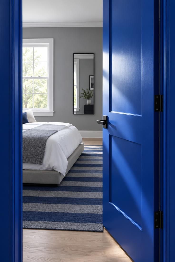 13 Bold Gray Bedroom Ideas with Pop of Color for Cheer 5 Threshold view through a cobalt-painted interior door into a bedroom with mid-gray walls, a navy-and-gray striped rug, and white bedding.