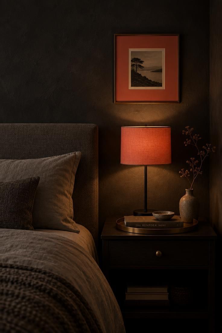 13 Bold Gray Bedroom Ideas with Pop of Color for Cheer 6 Vignette of a charcoal plaster wall with a coral drum lampshade on a black metal lamp, a coral-matted framed print, and warm gray bedding.