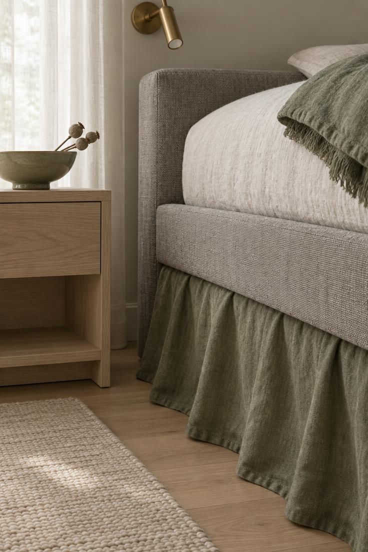 13 Bold Gray Bedroom Ideas with Pop of Color for Cheer 7 Close-up of a warm gray upholstered bed with an olive linen bed skirt, a sage ceramic bowl on a pale oak nightstand, and a folded sage throw.