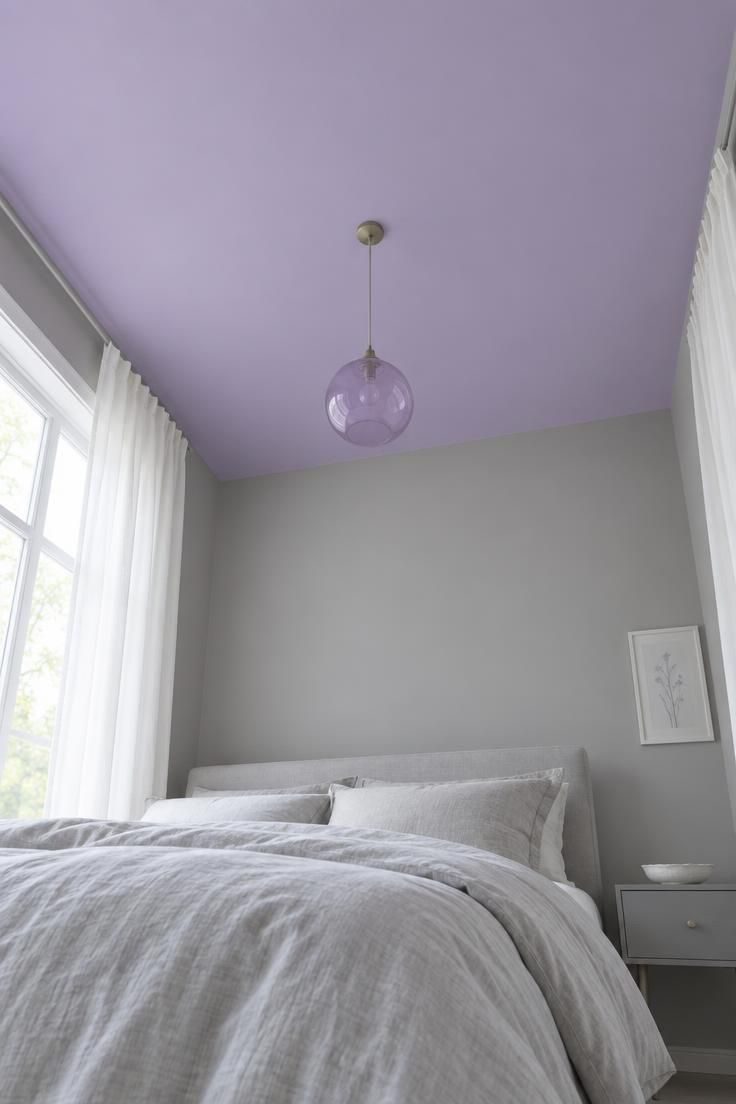 13 Bold Gray Bedroom Ideas with Pop of Color for Cheer 8 Low-angle view of a bedroom with true gray walls, a lavender-painted ceiling, a lavender glass pendant, and pale gray bedding with white curtains.