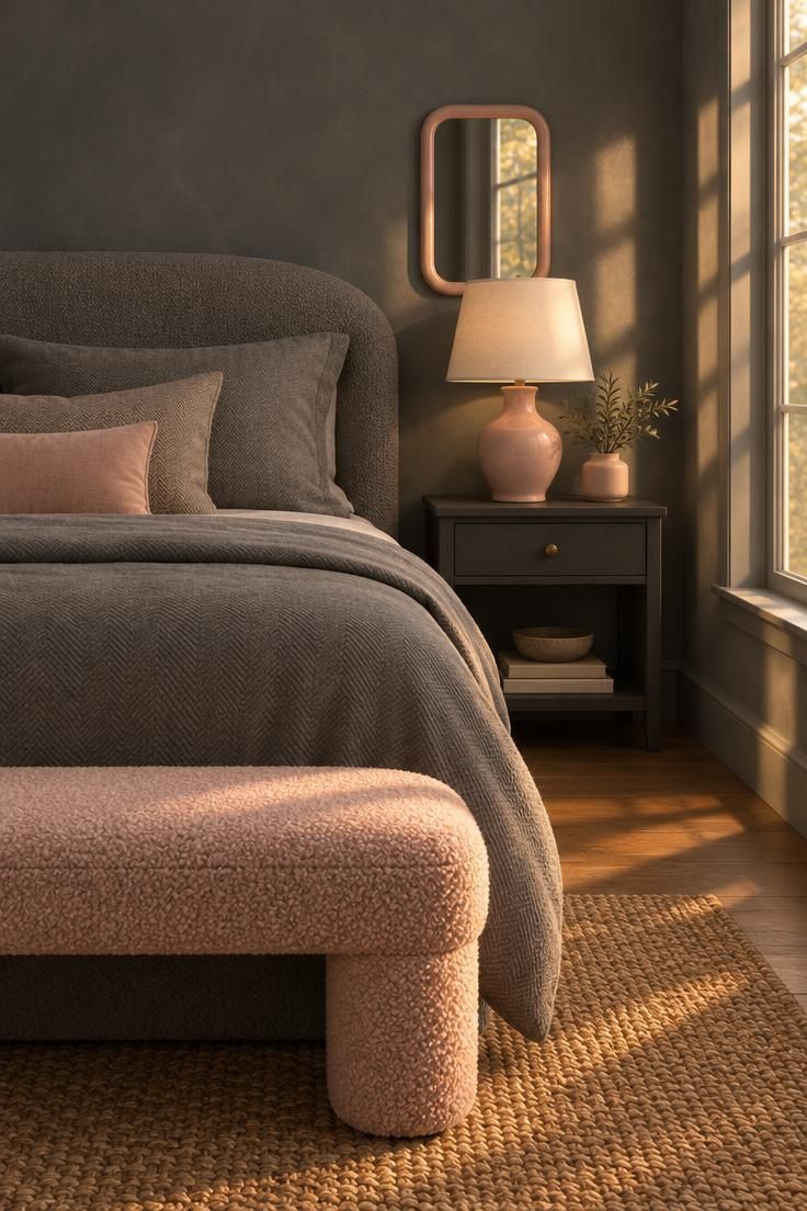 13 Bold Gray Bedroom Ideas with Pop of Color for Cheer 9 Bedroom with a slate gray wall, a blush bouclé bench at the foot of a gray bed, a blush ceramic lamp base on a charcoal nightstand, and a blush-framed mirror.