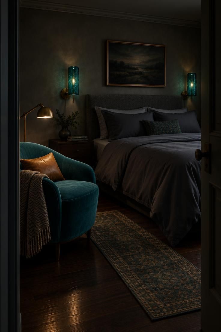 13 Bold Gray Bedroom Ideas with Pop of Color for Cheer 10 Threshold view of a pebble gray bedroom with a teal velvet accent chair, two teal glass sconces flanking the bed, and charcoal bedding.