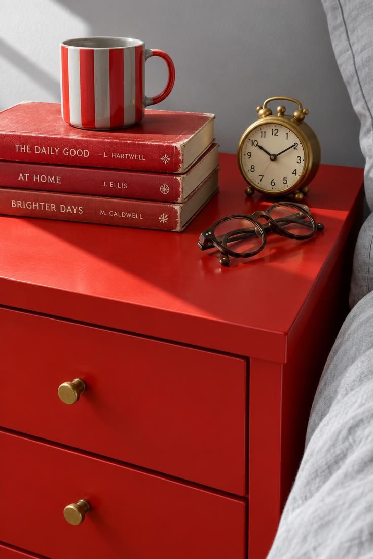 13 Bold Gray Bedroom Ideas with Pop of Color for Cheer 11 Close-up of a tomato red painted nightstand with brass knobs, a stack of red-spined books, a red-and-gray striped mug, and dove gray surroundings.