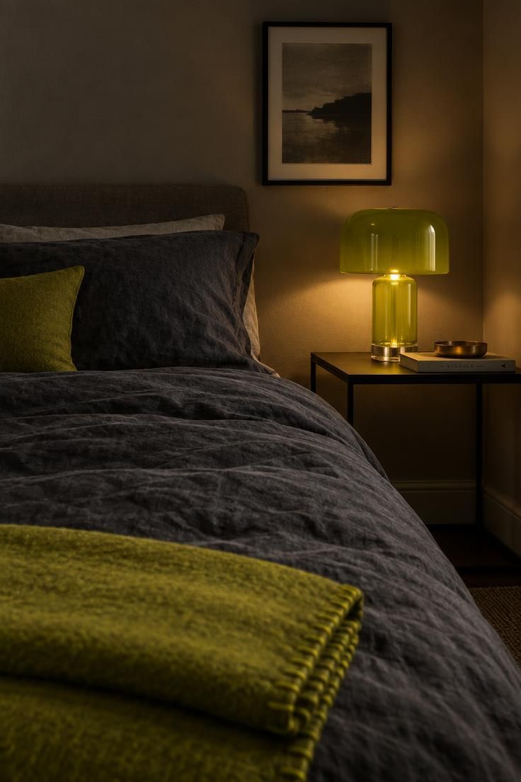 13 Bold Gray Bedroom Ideas with Pop of Color for Cheer 13 Bed with a charcoal linen duvet, a chartreuse wool throw at the foot, and a chartreuse glass table lamp on a black metal nightstand.