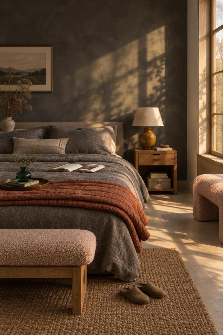 Cozy gray bedroom at late afternoon with a charcoal limewash wall, mid-gray wool bedding, an ochre lamp, a terracotta quilt, and a blush bench near the window.