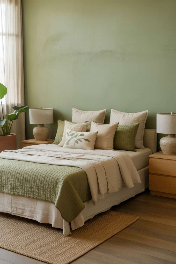 10 Green and Neutral Bedroom Ideas with a Soft, Organic Feel 1 Cozy bedroom with sage limewashed wall, layered oatmeal and moss bedding, oak nightstands, jute rug, and large leafy plant in natural light.