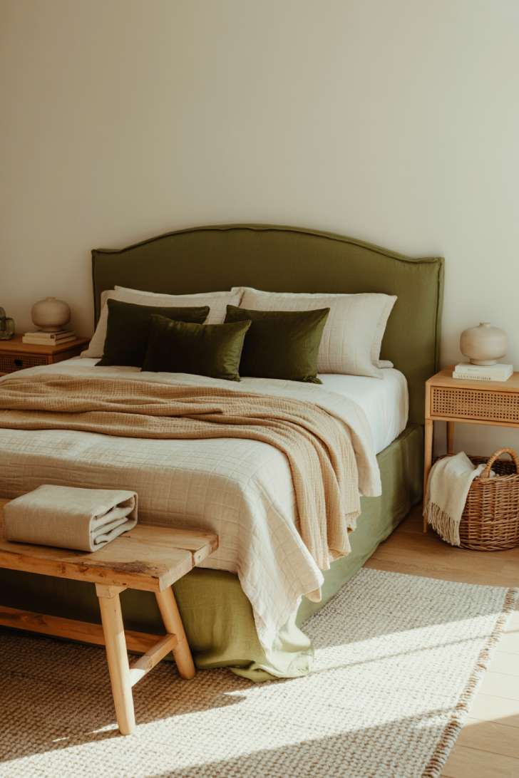 10 Green and Neutral Bedroom Ideas with a Soft, Organic Feel 2 Bedroom with olive upholstered headboard, white bedding, forest green pillows, reclaimed wood bench, and rattan nightstand in soft sunlight.