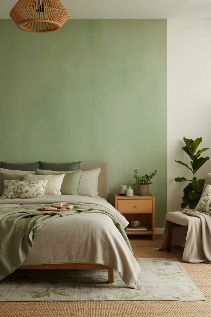 10 Green and Neutral Bedroom Ideas with a Soft, Organic Feel 3 Serene bedroom with eucalyptus green accent wall, wooden bed frame, beige and sage bedding, woven pendant light, and potted plants.
