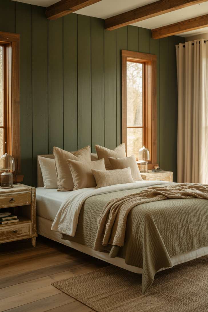 10 Green and Neutral Bedroom Ideas with a Soft, Organic Feel 4 Modern rustic bedroom with moss green board-and-batten wall, ivory bedding, wood nightstands, and exposed beams in golden light.