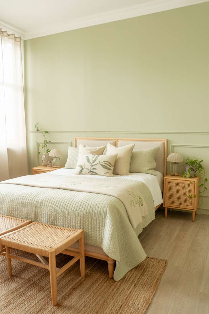 10 Green and Neutral Bedroom Ideas with a Soft, Organic Feel 5 Bright bedroom with pale sage walls, white trim, creamy bedding, rattan nightstands, and braided jute rug in daylight.