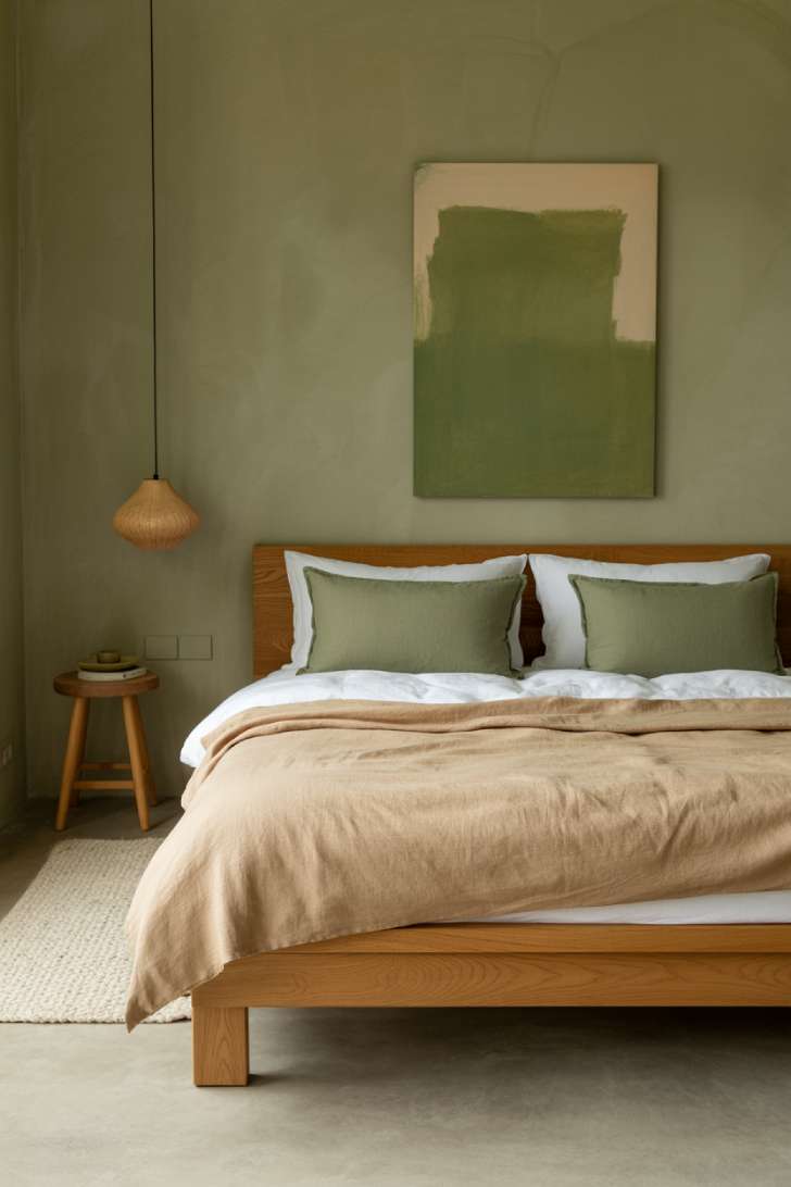 10 Green and Neutral Bedroom Ideas with a Soft, Organic Feel 6 Minimalist bedroom with muted olive plaster wall, oak platform bed, beige linen duvet, abstract art, and wool rug.