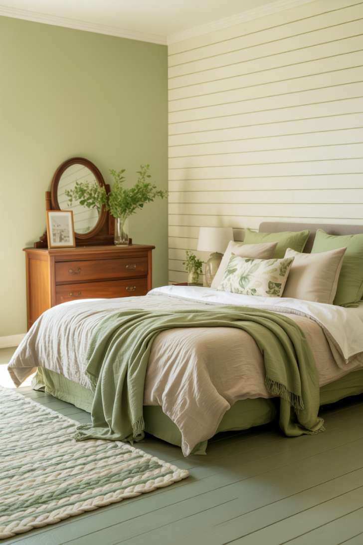 10 Green and Neutral Bedroom Ideas with a Soft, Organic Feel 7 Cottage-style bedroom with pistachio walls, layered beige bedding, floral pillows, vintage dresser, and braided rug.