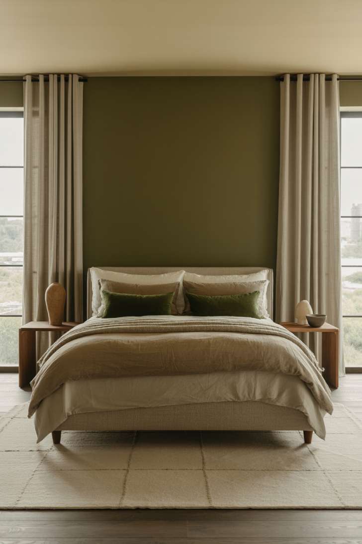 10 Green and Neutral Bedroom Ideas with a Soft, Organic Feel 8 Contemporary bedroom with dark olive accent wall, beige upholstered bed, forest green pillows, curved nightstands, and cream rug.