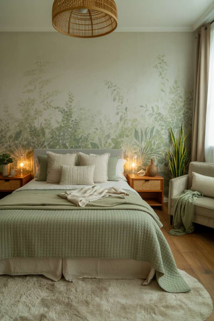 10 Green and Neutral Bedroom Ideas with a Soft, Organic Feel 10 Bedroom with botanical mural wall in washed greens and beige, layered neutral bedding, woven pendant, and cozy armchair.