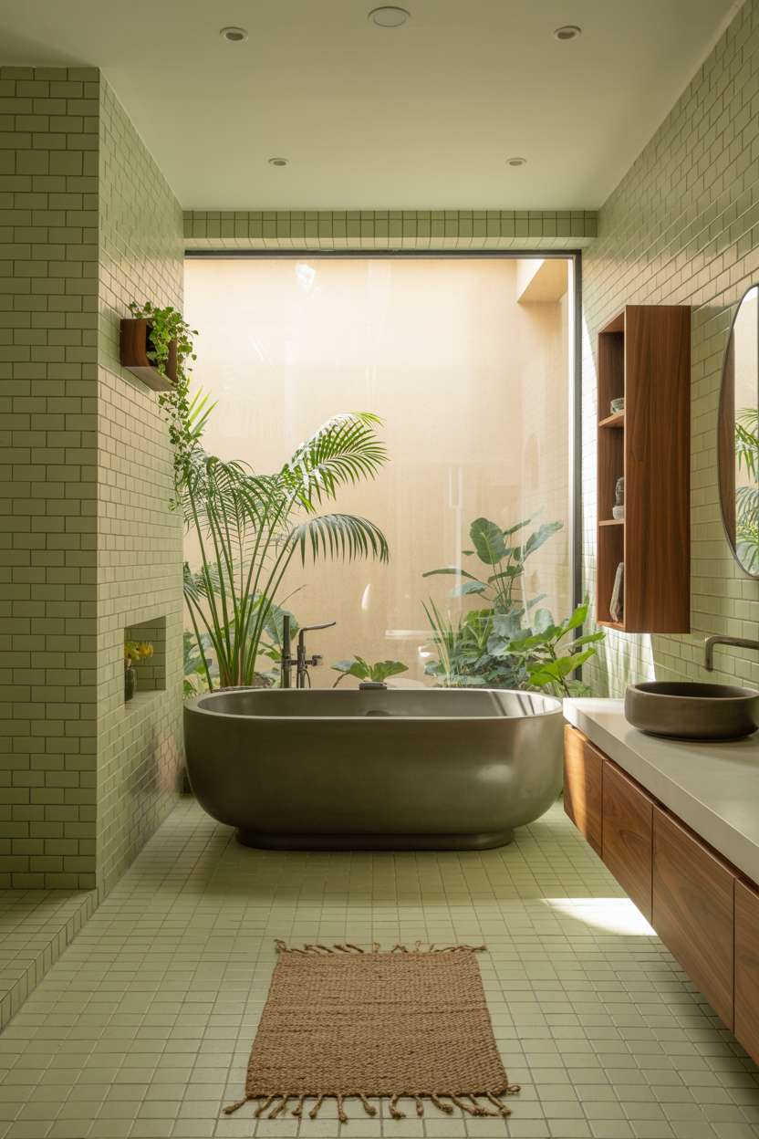 21 Inspiring Green Bathroom Ideas to Refresh Your Space 1 Modern bathroom with black soaking tub and pale green subway tiles