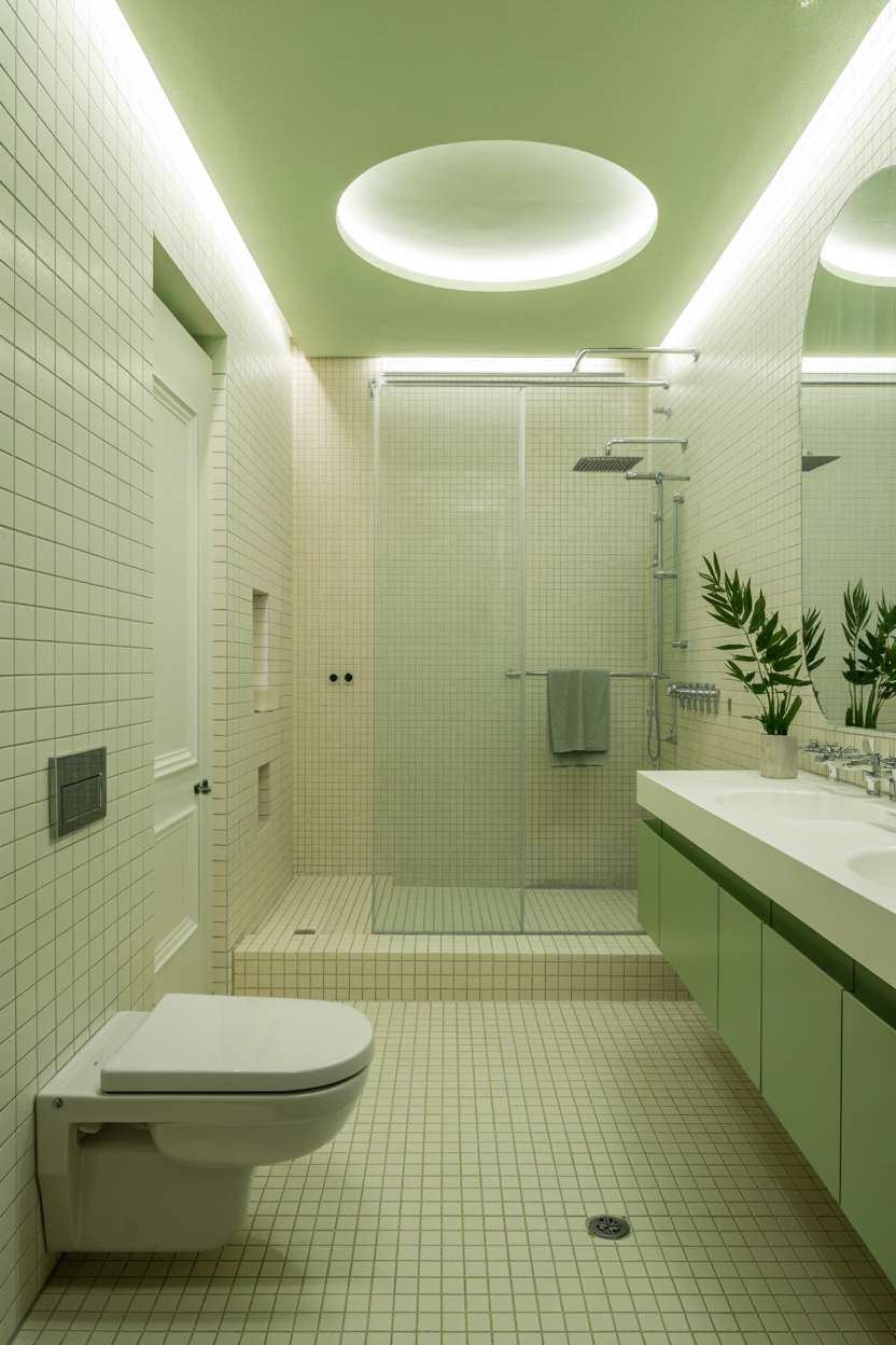 21 Inspiring Green Bathroom Ideas to Refresh Your Space 2 Minimalist bathroom with mint green ceiling and white subway tiles
