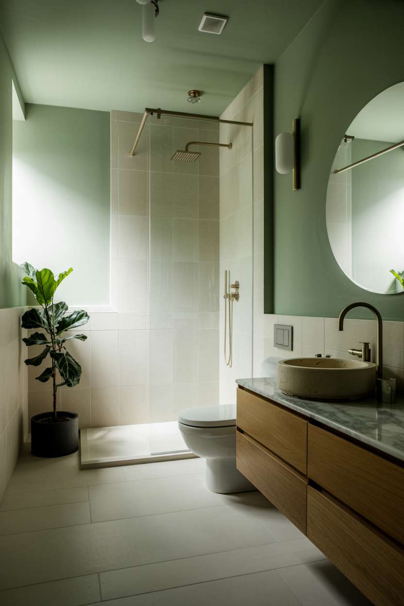 21 Inspiring Green Bathroom Ideas to Refresh Your Space 3 Serene bathroom with sage green walls and brushed gold fixtures
