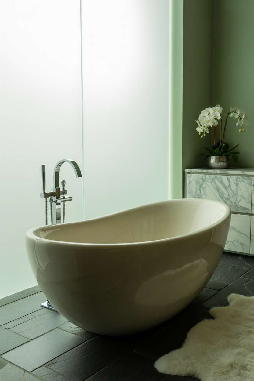 21 Inspiring Green Bathroom Ideas to Refresh Your Space 5 Luxurious bathroom with white stone tub and sage green walls