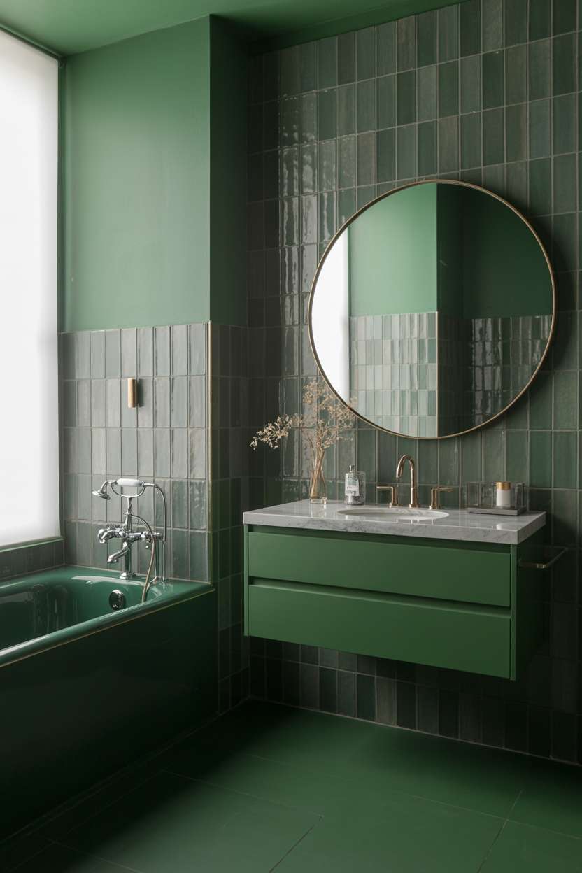 21 Inspiring Green Bathroom Ideas to Refresh Your Space 6 Emerald green bathroom viewed from an elevated angle