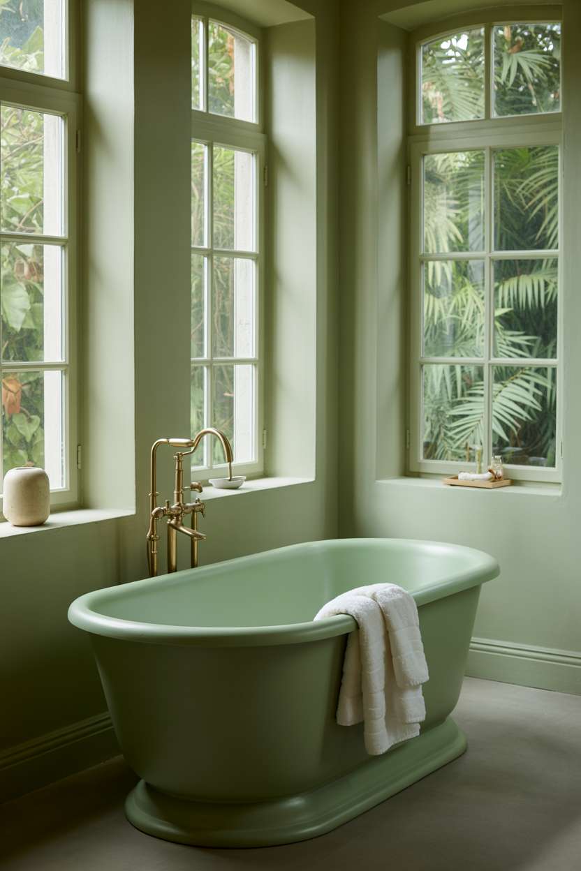 21 Inspiring Green Bathroom Ideas to Refresh Your Space 7 Tranquil bathroom with sage green walls and natural lighting
