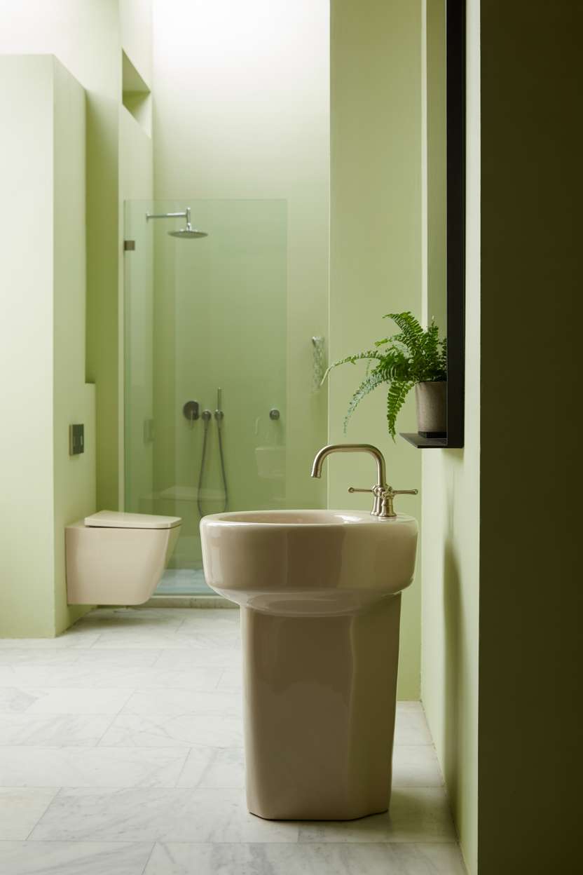 21 Inspiring Green Bathroom Ideas to Refresh Your Space 9 Minimalist bathroom highlighting sage green walls and a white sink