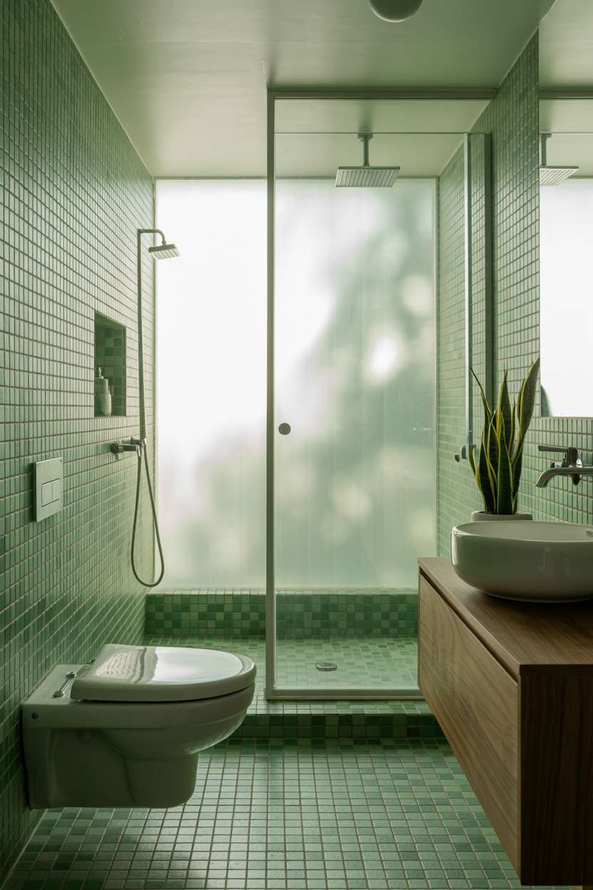 21 Inspiring Green Bathroom Ideas to Refresh Your Space 10 Modern bathroom with green color palette viewed from a wide angle