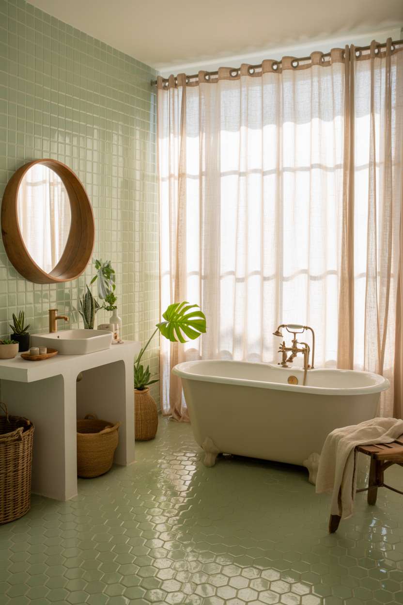 21 Inspiring Green Bathroom Ideas to Refresh Your Space 12 Spacious boho bathroom with pale green hexagonal tiles