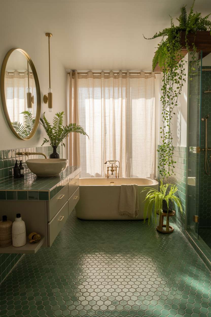 21 Inspiring Green Bathroom Ideas to Refresh Your Space 14 Stylish boho bathroom with forest green hexagonal floor