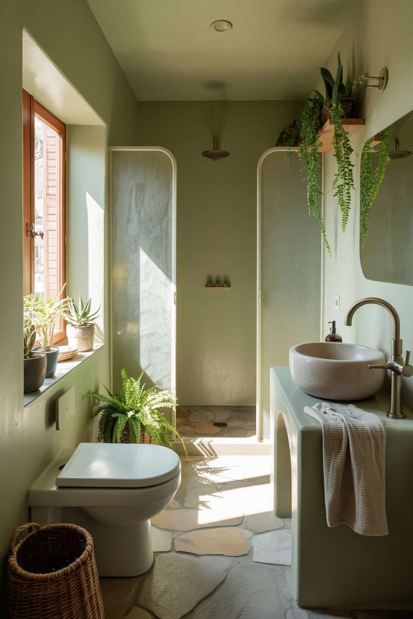 21 Inspiring Green Bathroom Ideas to Refresh Your Space 15 Serene boho bathroom with sage green walls and natural stone