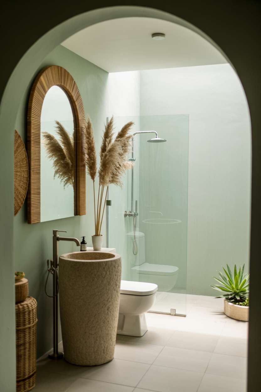 21 Inspiring Green Bathroom Ideas to Refresh Your Space 16 Boho bathroom with sage walls and an arched mirror with pampas grass