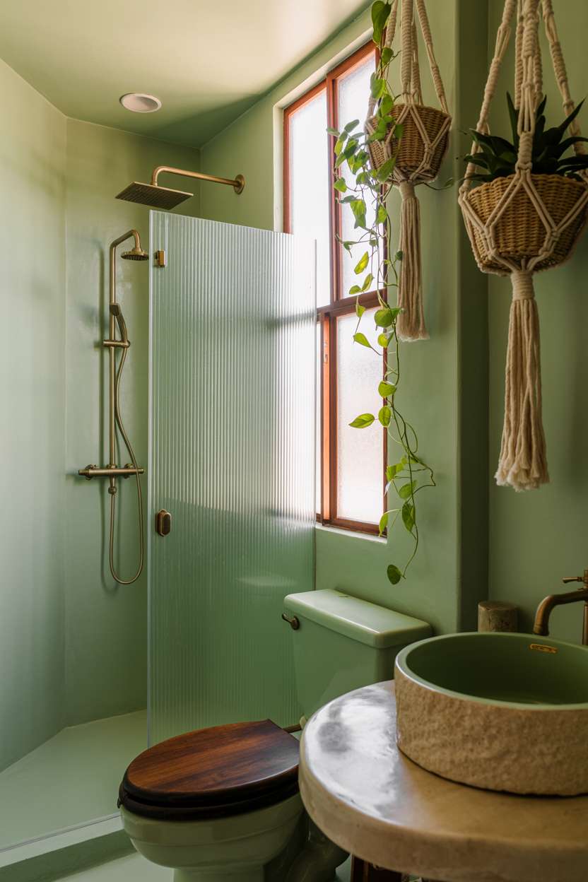 21 Inspiring Green Bathroom Ideas to Refresh Your Space 17 Boho bathroom with sage walls and macrame plant hangers
