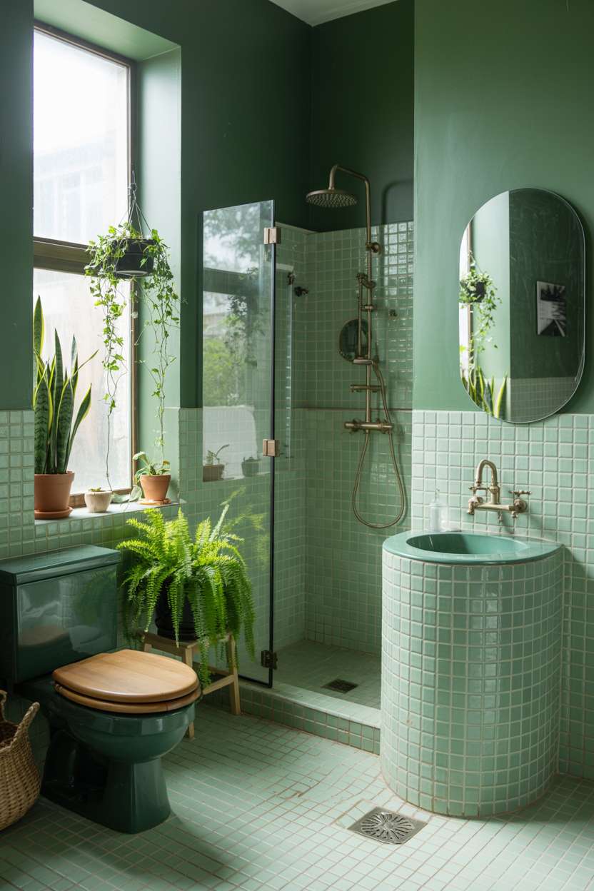 21 Inspiring Green Bathroom Ideas to Refresh Your Space 18 Boho bathroom with green tiles and abundant natural light