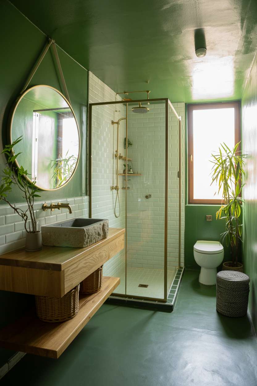 21 Inspiring Green Bathroom Ideas to Refresh Your Space 19 Modern boho bathroom with floating wooden vanity